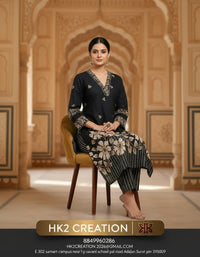 BLACK FLORAL PRINTED STRAIGHT KURTA SET