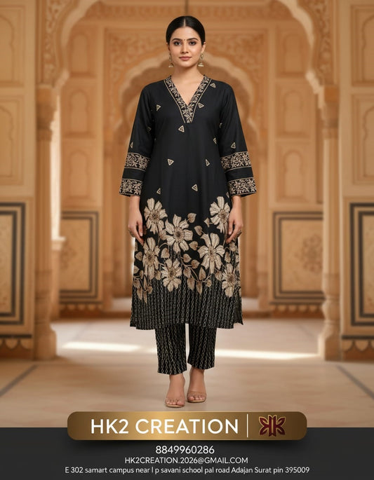 BLACK FLORAL PRINTED STRAIGHT KURTA SET