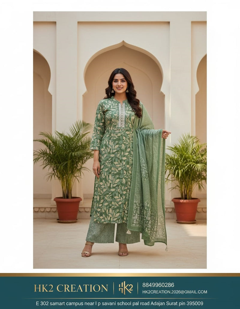 GREEN PRINTED COTTON A-LINE KURTA SET