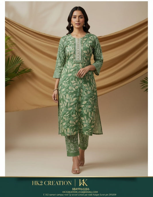 GREEN PRINTED COTTON A-LINE KURTA SET