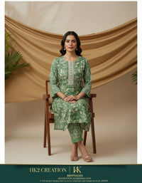 GREEN PRINTED COTTON A-LINE KURTA SET