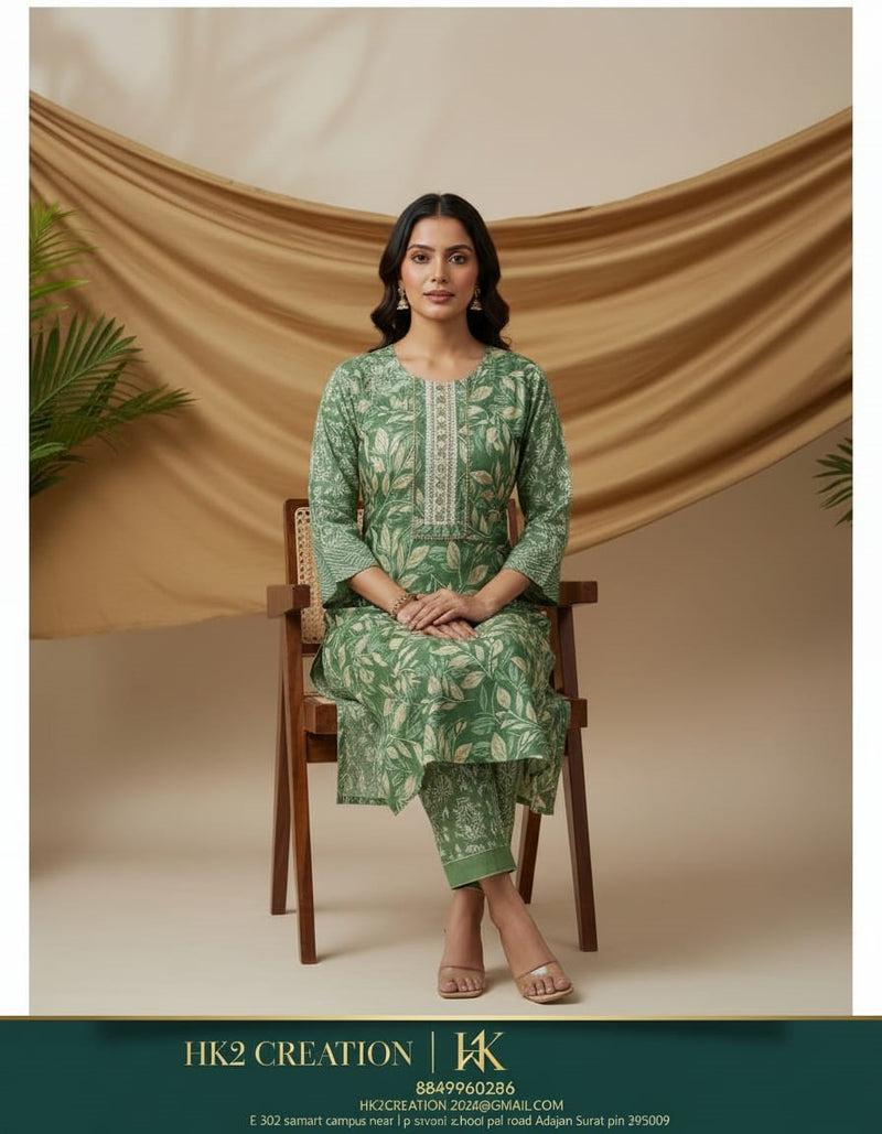 GREEN PRINTED COTTON A-LINE KURTA SET