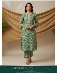 GREEN PRINTED COTTON A-LINE KURTA SET