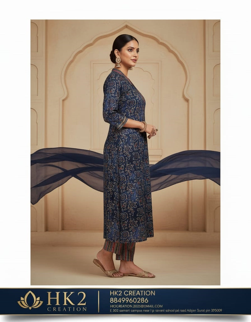 NAVY BLUE PRINTED KURTA SET