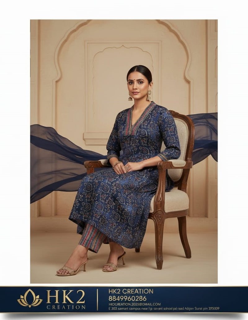 NAVY BLUE PRINTED KURTA SET