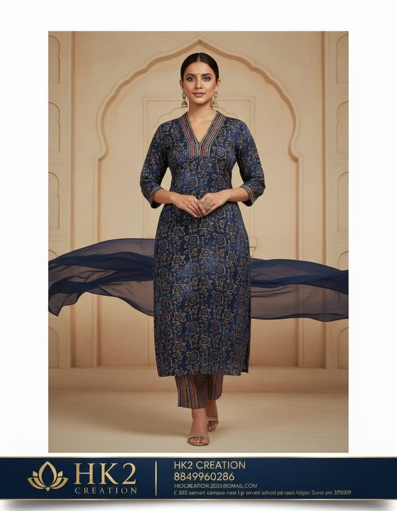 NAVY BLUE PRINTED KURTA SET