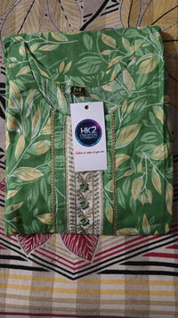 GREEN PRINTED COTTON A-LINE KURTA SET