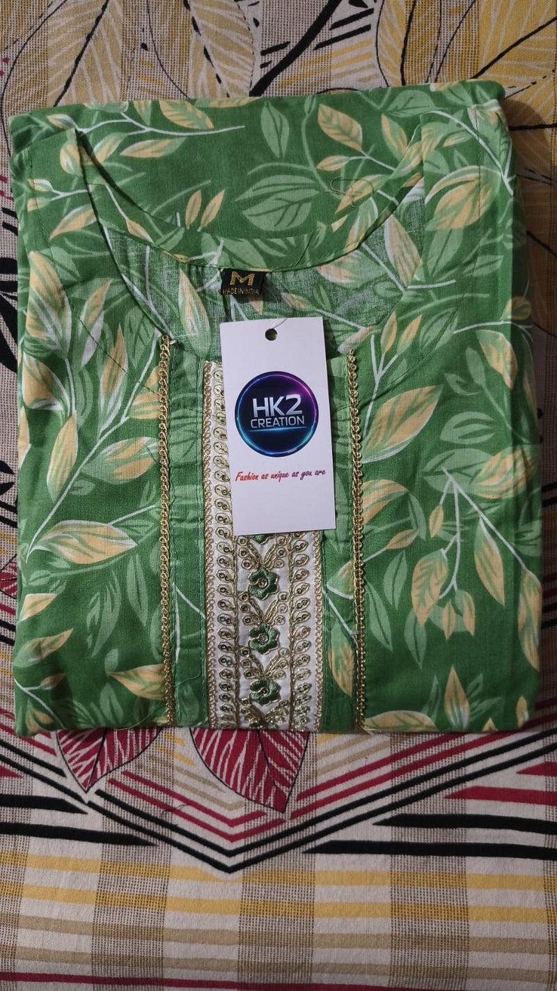GREEN PRINTED COTTON A-LINE KURTA SET