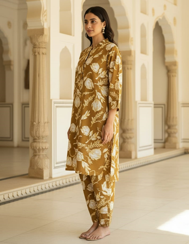 MUSTARD FLORAL PRINTED ETHNIC SET