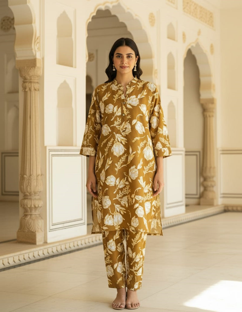 MUSTARD FLORAL PRINTED ETHNIC SET