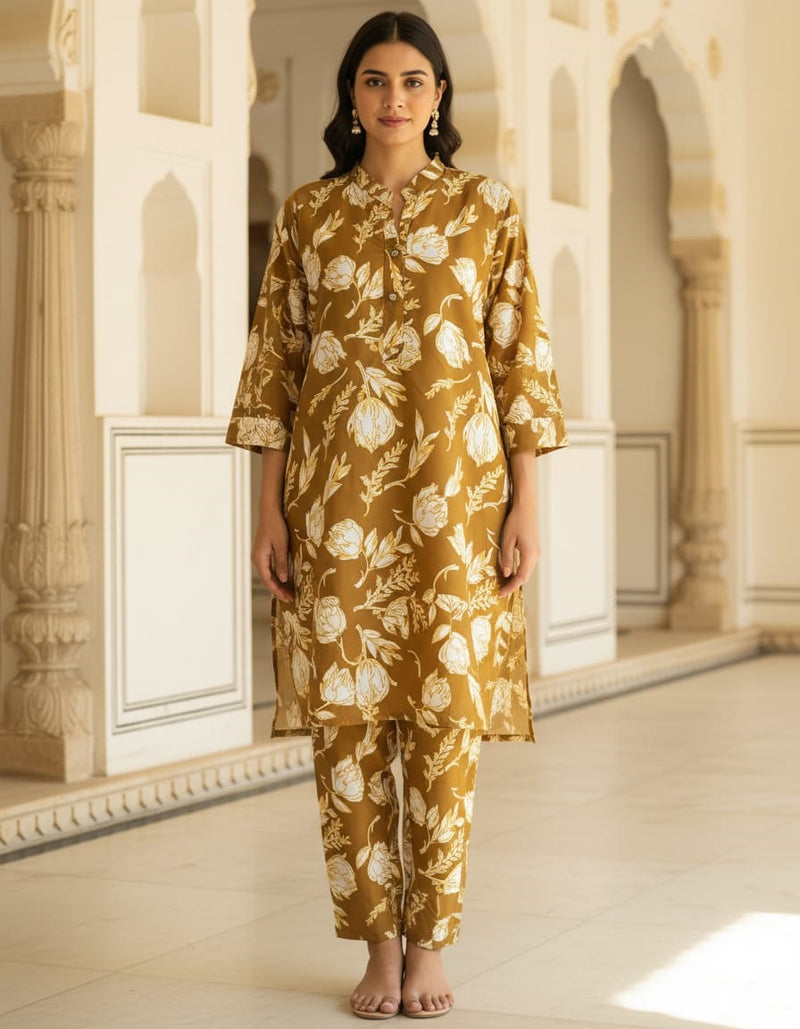 MUSTARD FLORAL PRINTED ETHNIC SET