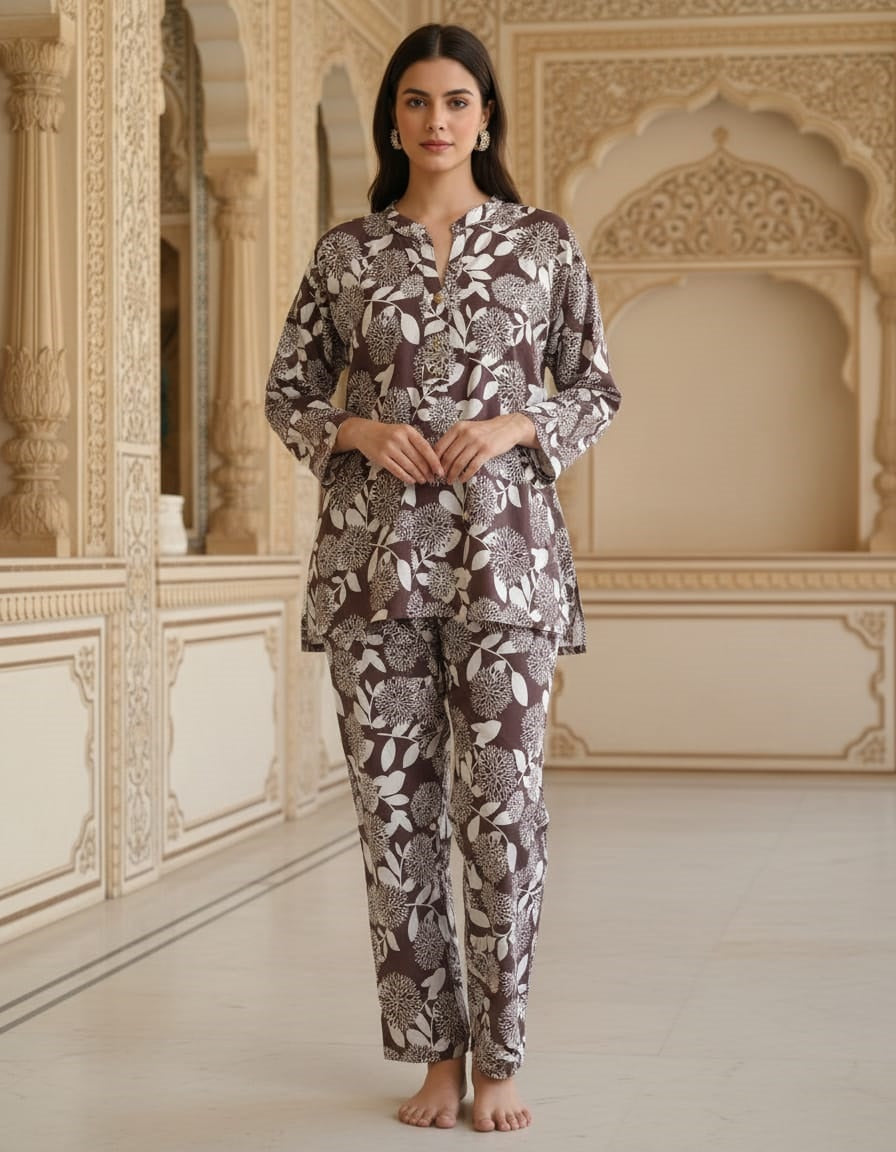 BROWN WHITE FLORAL-PRINTED C0-0RD SET