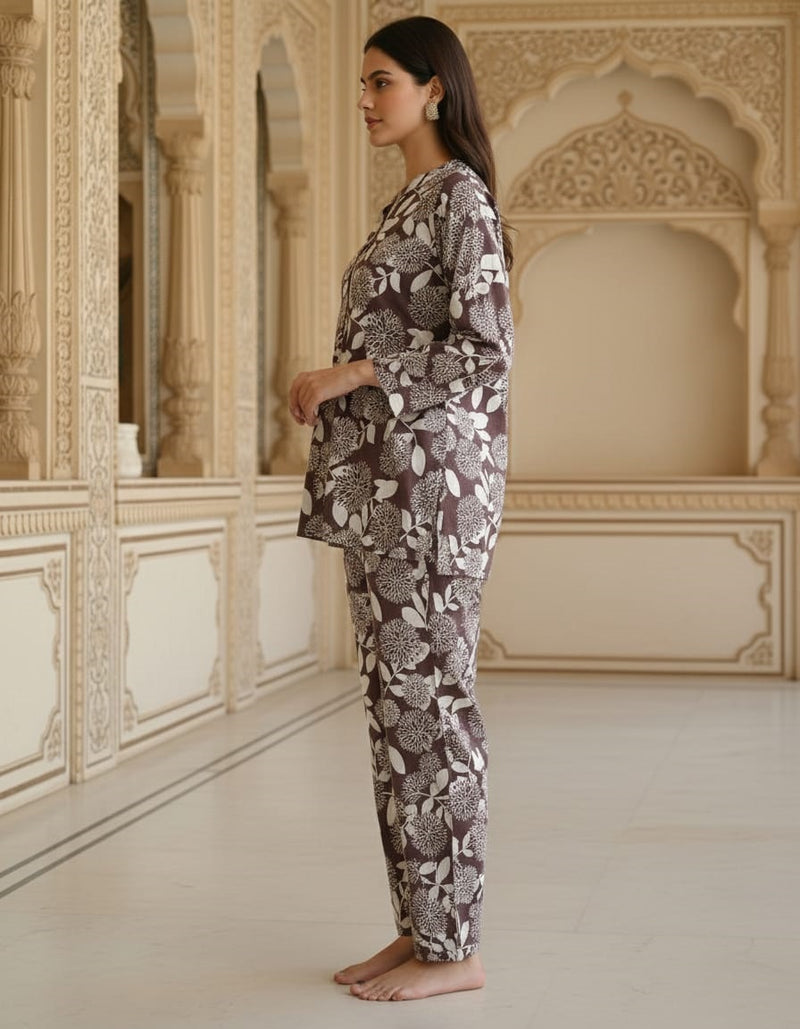 BROWN WHITE FLORAL-PRINTED C0-0RD SET