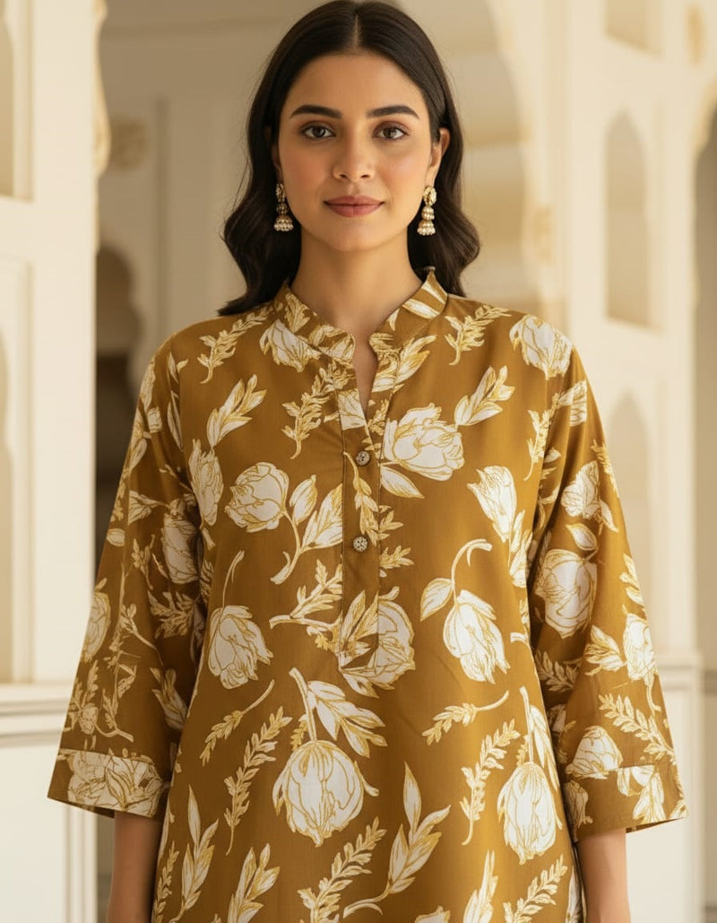 MUSTARD FLORAL PRINTED ETHNIC SET