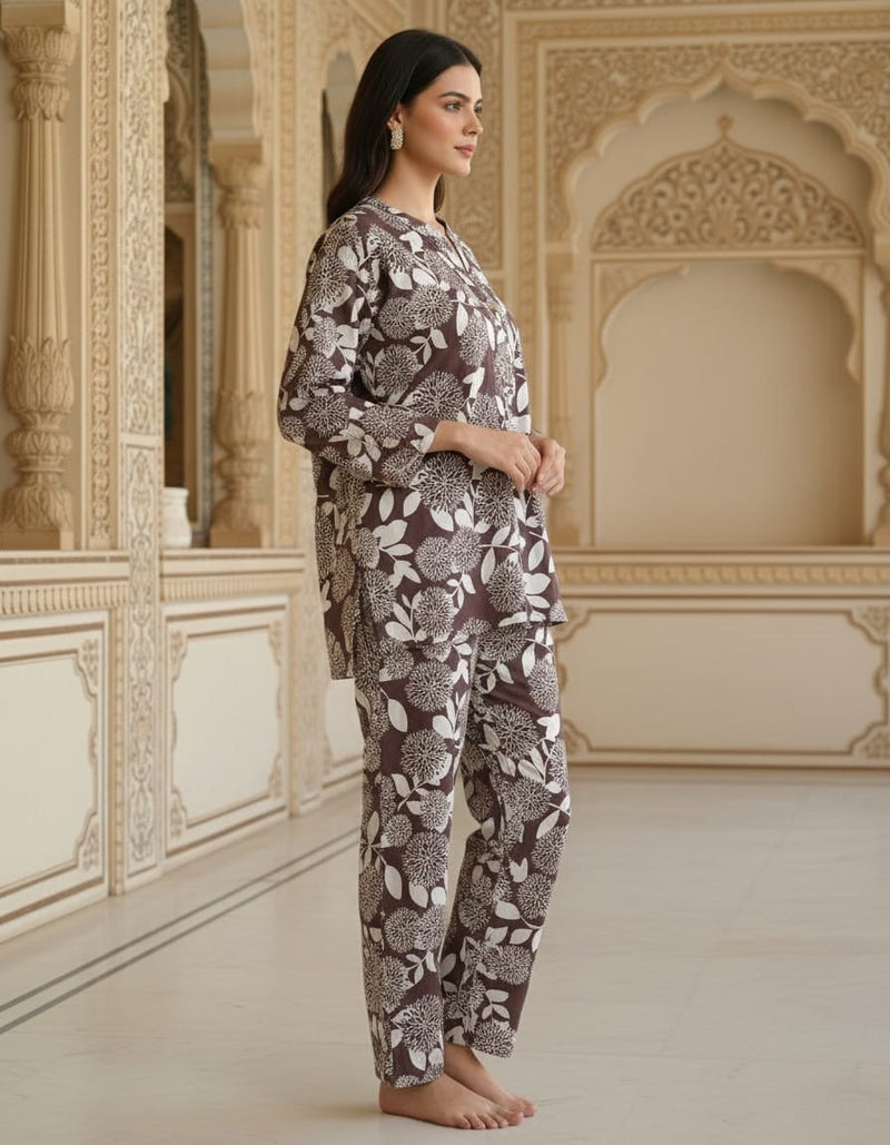 BROWN WHITE FLORAL-PRINTED C0-0RD SET
