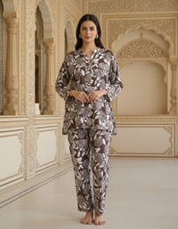 BROWN WHITE FLORAL-PRINTED C0-0RD SET