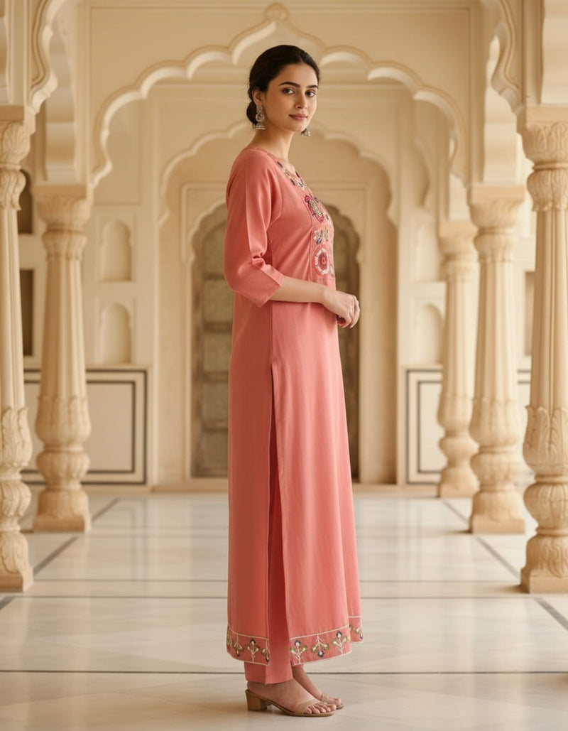 FASHOR PINK REGULAR FIT EMBROIDERED KURTA