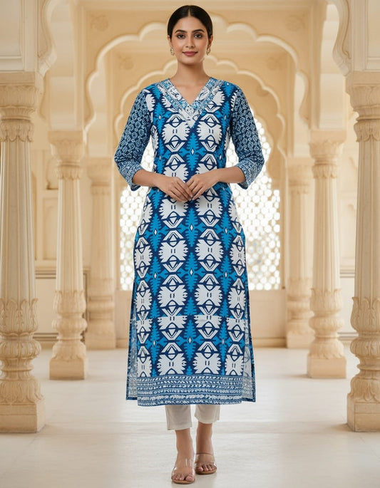BLUE AND WHITE GEOMETRIC PRINTED BLUE KURTA