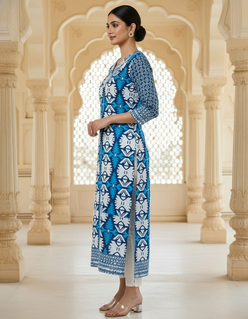 BLUE AND WHITE GEOMETRIC PRINTED BLUE KURTA