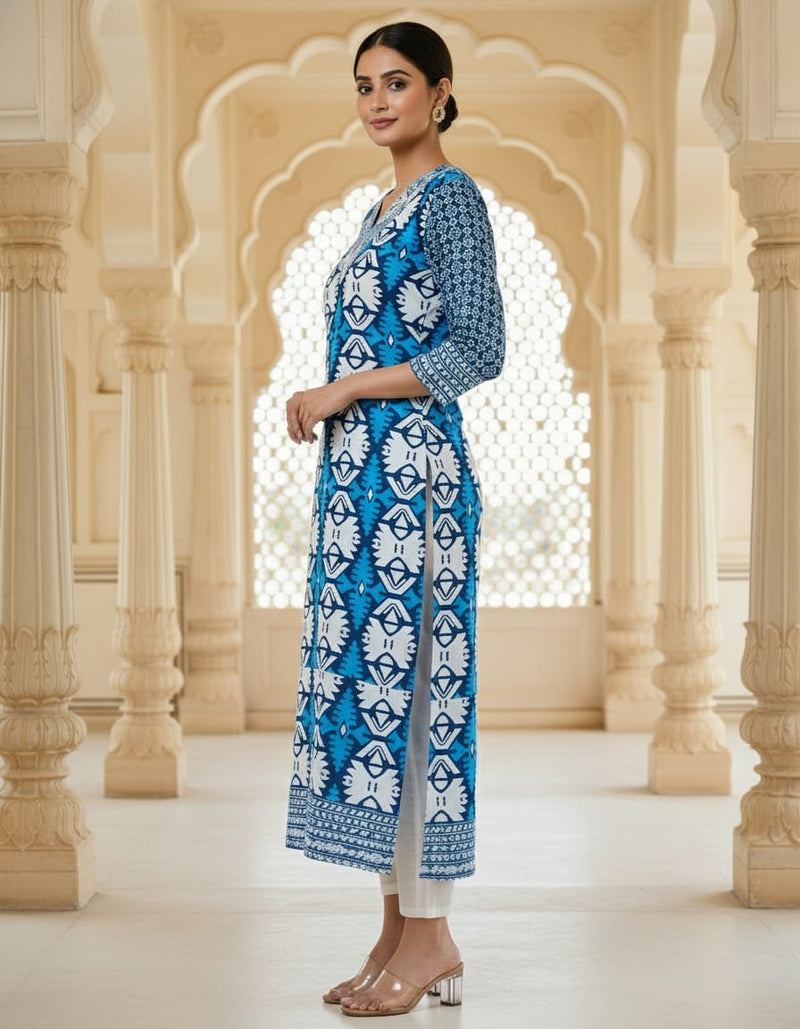 BLUE AND WHITE GEOMETRIC PRINTED BLUE KURTA