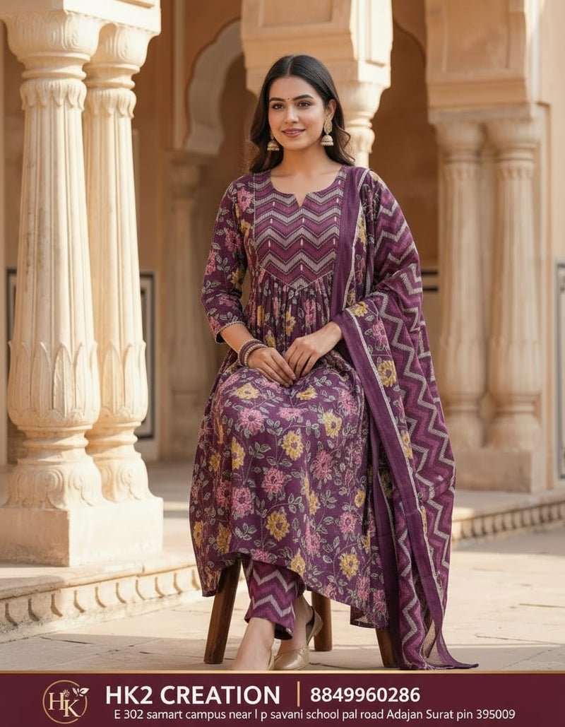 JAIPURI PURPLE PRINTED SUIT SET