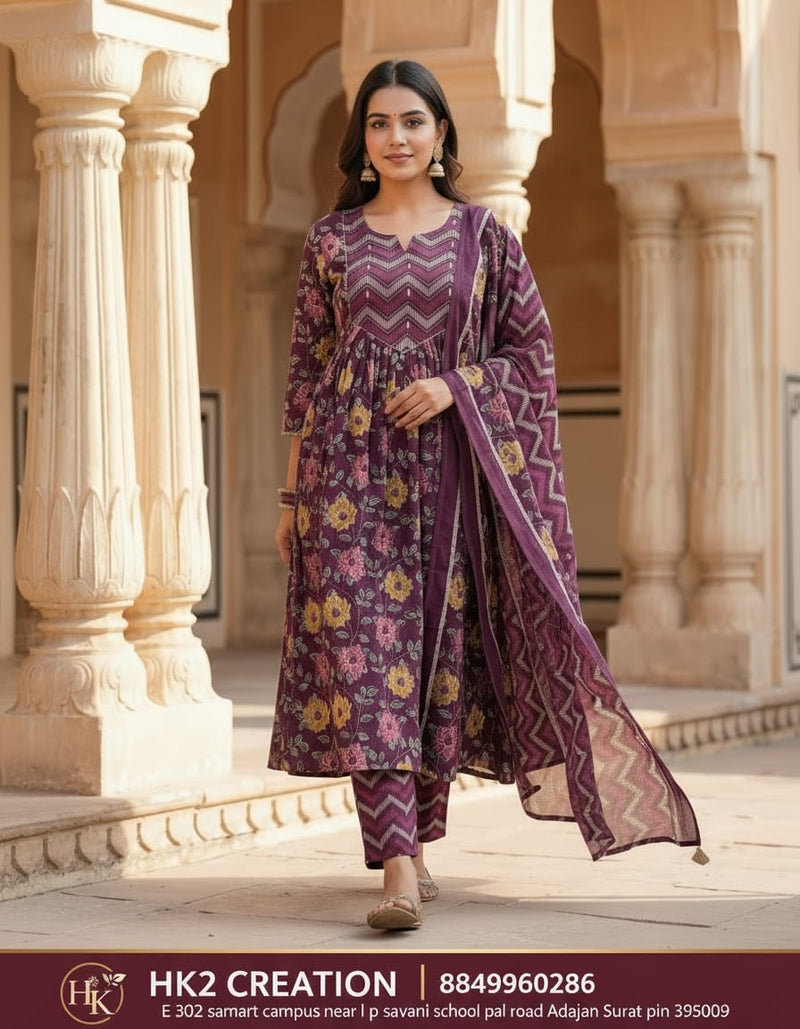 JAIPURI PURPLE PRINTED SUIT SET