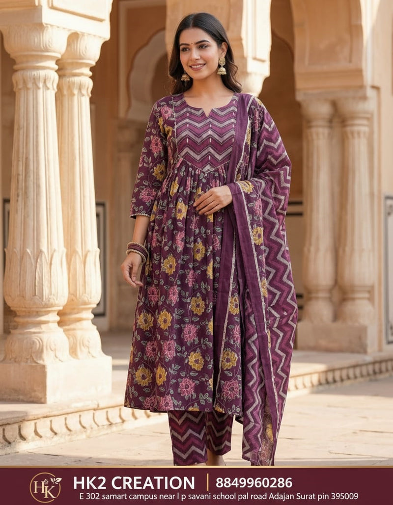 JAIPURI PURPLE PRINTED SUIT SET