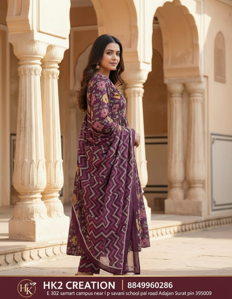 JAIPURI PURPLE PRINTED SUIT SET