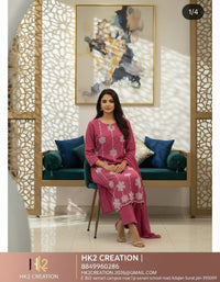 PINK STRAIGHT-CUT WITH EMBROIDERED COTTON KURTI SET