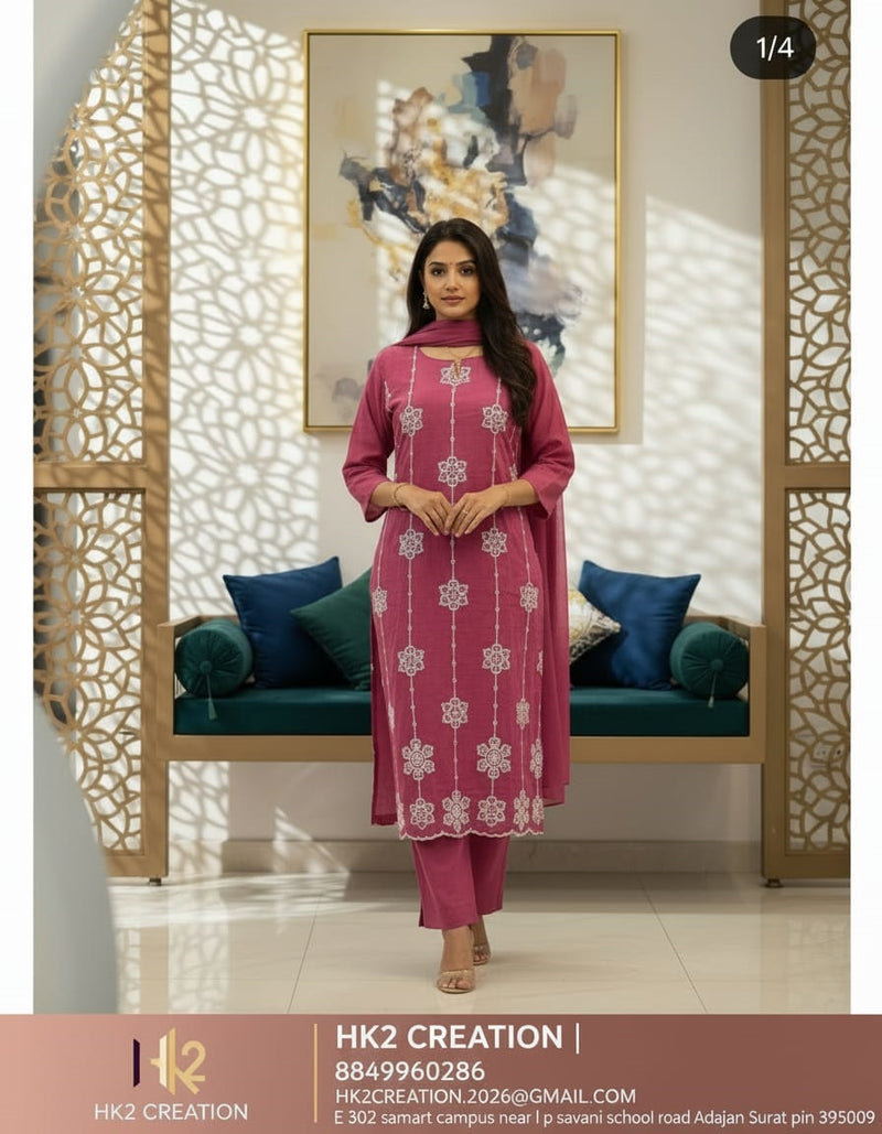 PINK STRAIGHT-CUT WITH EMBROIDERED COTTON KURTI SET