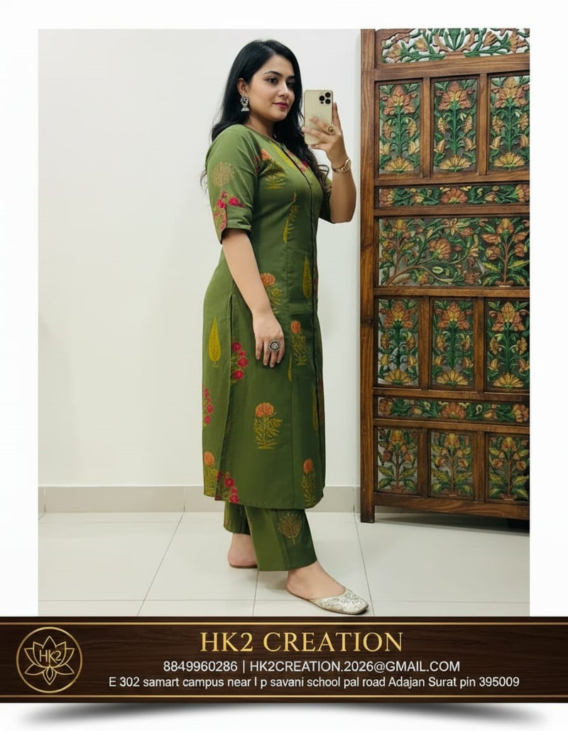 GREEN PRINTED COTTON A-LINE KURTA SET
