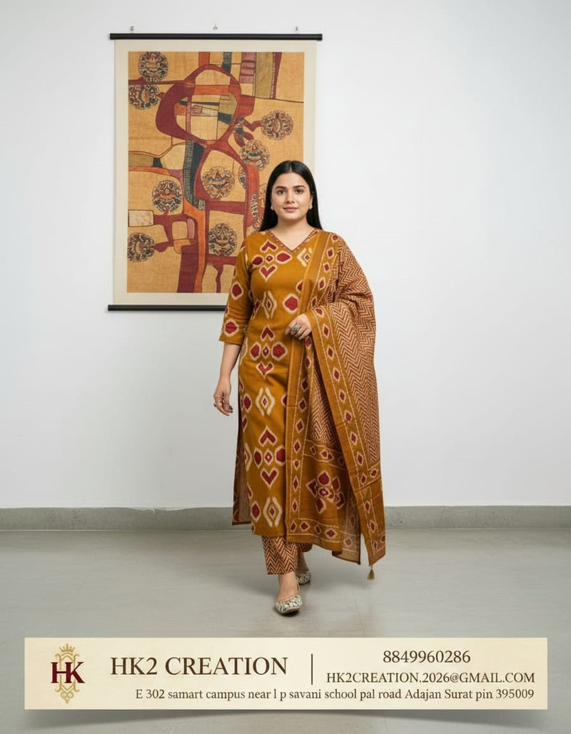 MUSTARD YELLOW PURE COTTON BANDHANI PRINT KRUTI WITH PANT AND DUPATTA SET