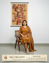 MUSTARD YELLOW PURE COTTON BANDHANI PRINT KRUTI WITH PANT AND DUPATTA SET