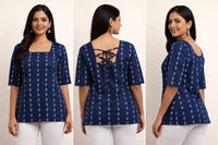 TUNIC STYLE NAVY BLUE PRINTED COTTON SHORT KURTI