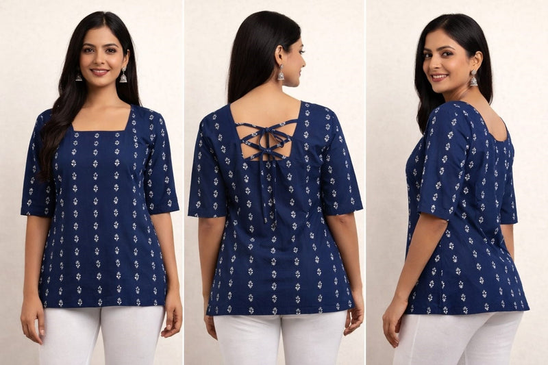 TUNIC STYLE NAVY BLUE PRINTED COTTON SHORT KURTI
