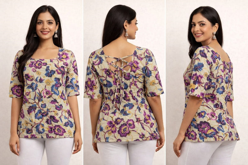 FLORAL PRINTED SQUARE NECK COTTON KURTI