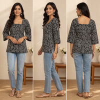 INDIAN BLACK FLORAL PRINTED COTTON KURTI