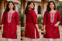 RED FLORAL LINEN KURTA