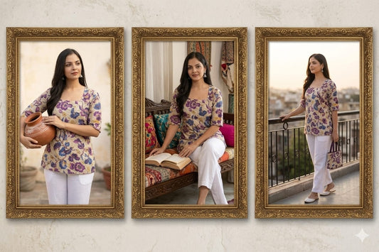 FLORAL PRINTED SQUARE NECK COTTON KURTI
