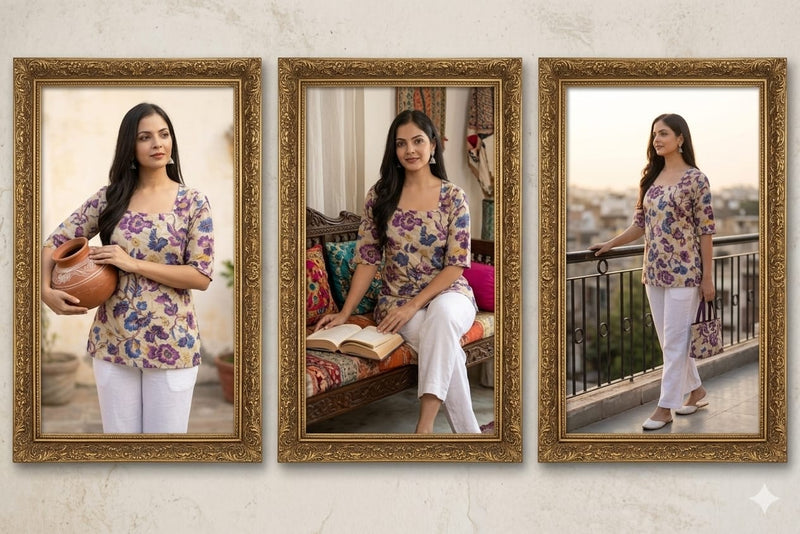 FLORAL PRINTED SQUARE NECK COTTON KURTI