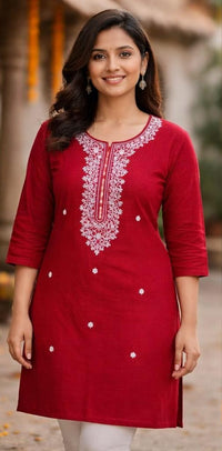 RED FLORAL LINEN KURTA