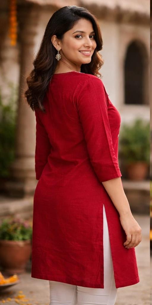 RED FLORAL LINEN KURTA