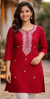 RED FLORAL LINEN KURTA
