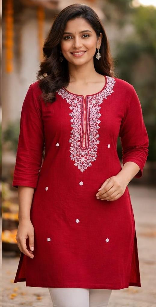RED FLORAL LINEN KURTA