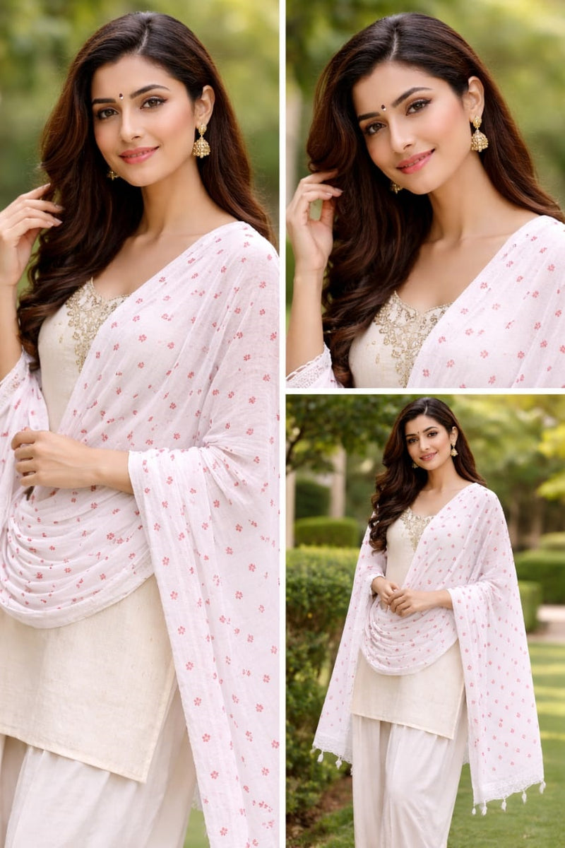 LUCKNOWI CHIKANKARI WHITE CHIFFON DUPATTA