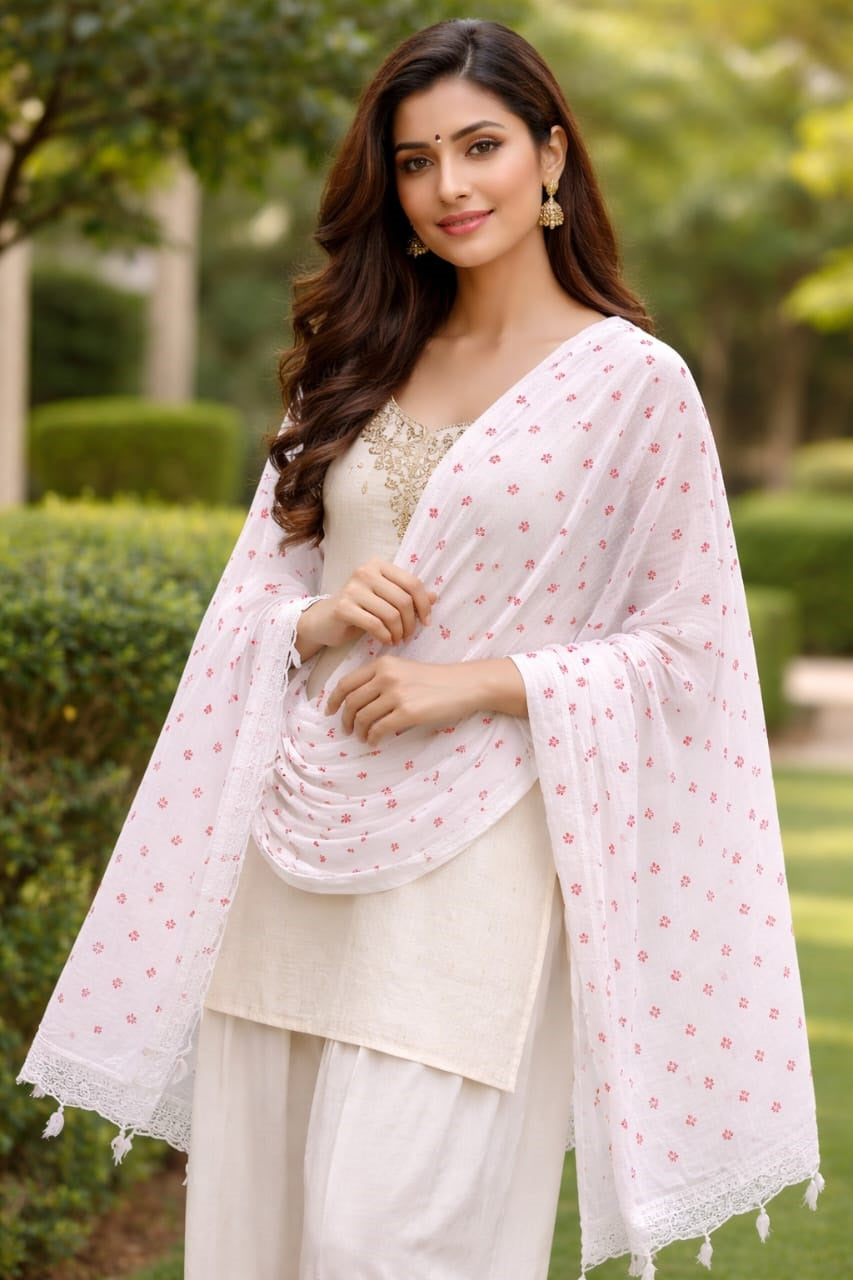 LUCKNOWI CHIKANKARI WHITE CHIFFON DUPATTA