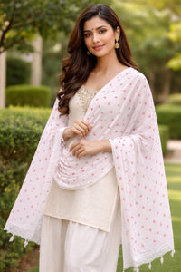 LUCKNOWI CHIKANKARI WHITE CHIFFON DUPATTA