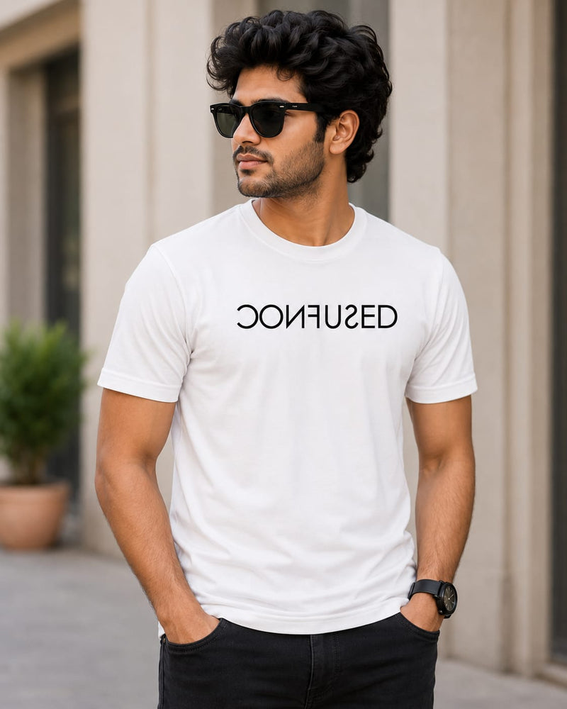 MENS WEAR 100% COTTON ROUND NECK T-SHIRT-185 GSM  "CONFUSED"