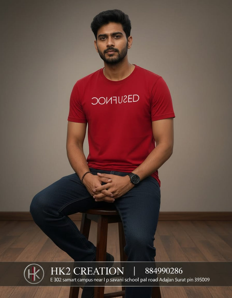 MENS WEAR 100% COTTON ROUND NECK T-SHIRT-185 GSM  "CONFUSED"