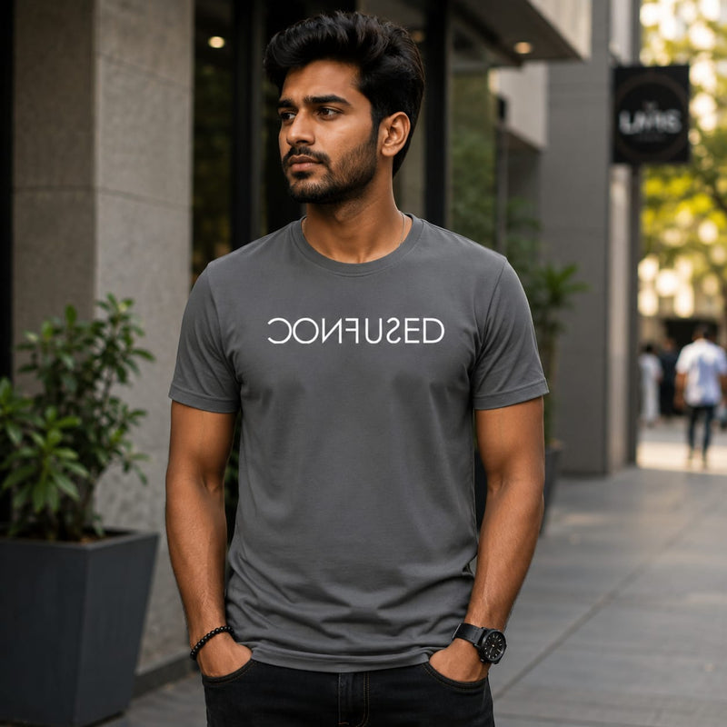 MENS WEAR 100% COTTON ROUND NECK T-SHIRT-185 GSM  "CONFUSED"